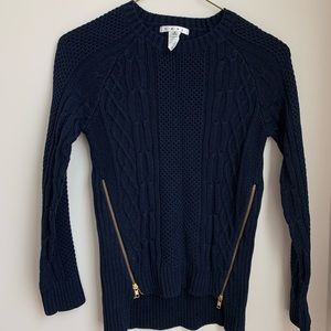Cabi cable knit sweater with gold zipper accents
